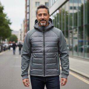 Michael Kors Hooded Packable Puffer Jacket Gray L | Recycled Fill, Zip Pockets